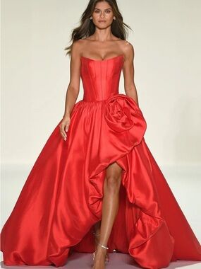 Strapless Red Satin High-Low Prom Gown with Rosette Detail